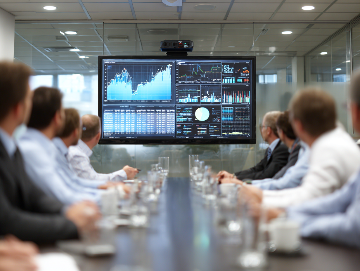 Corporate team reviewing financial presentation on a large screen in a boardroom, illustrating traditional forms of content creation
