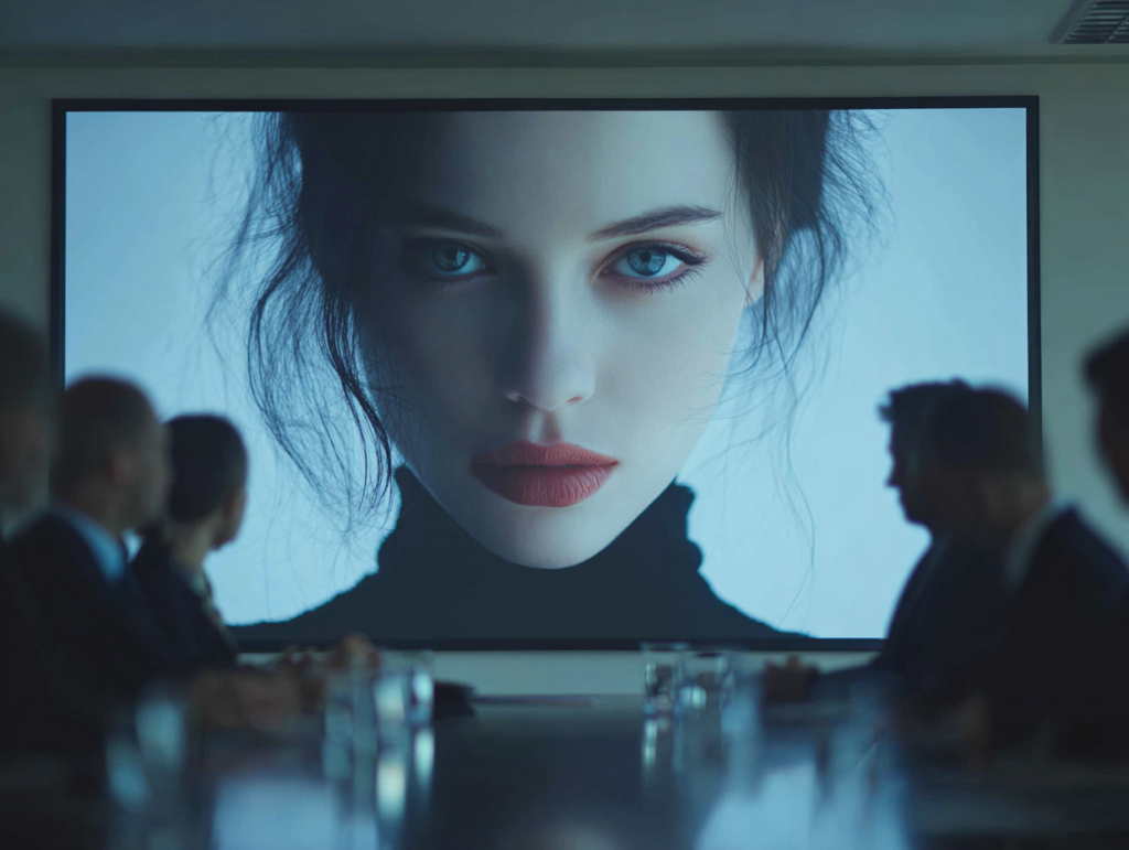 Corporate presentation in a boardroom with a large visual display, representing traditional storytelling and persuasive communication