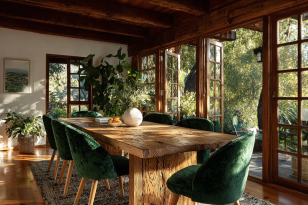 Rustic wooden dining table with emerald velvet chairs in sunlit room with large windows and natural wood beams