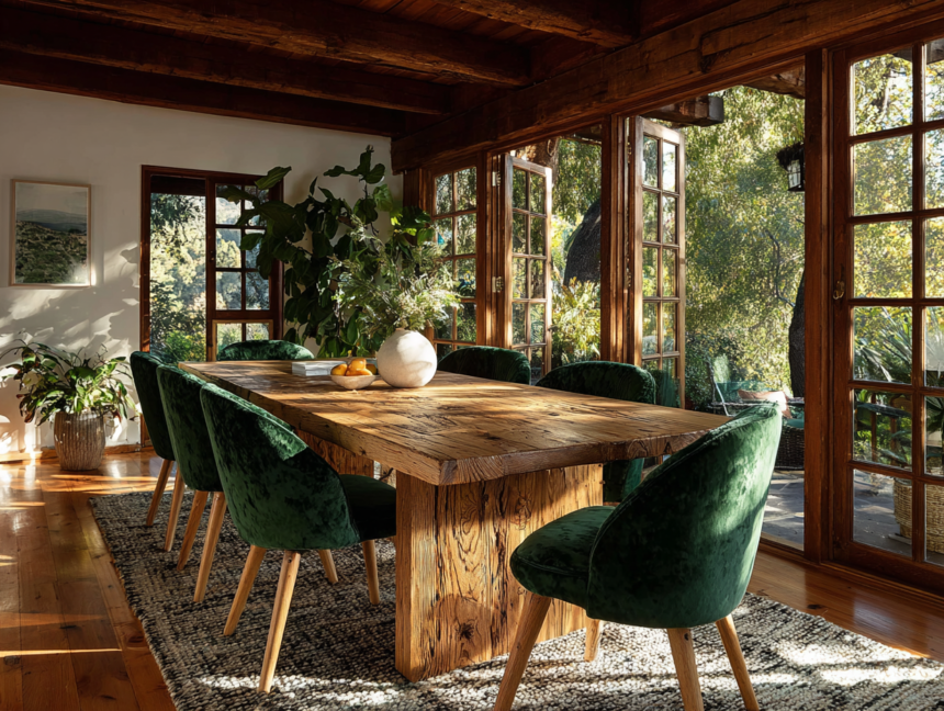 Rustic wooden dining table with emerald velvet chairs in sunlit room with large windows and natural wood beams