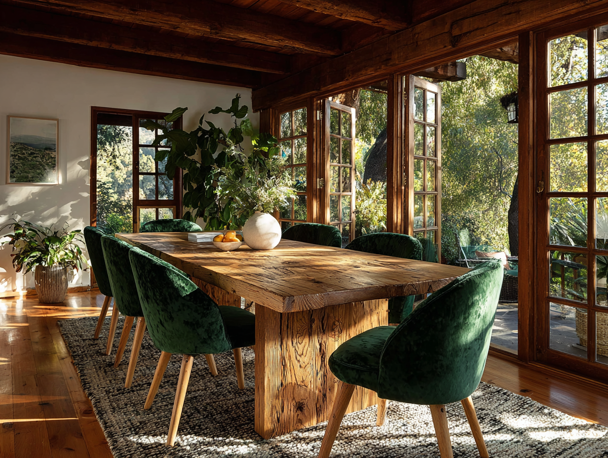 Rustic wooden dining table with emerald velvet chairs in sunlit room with large windows and natural wood beams