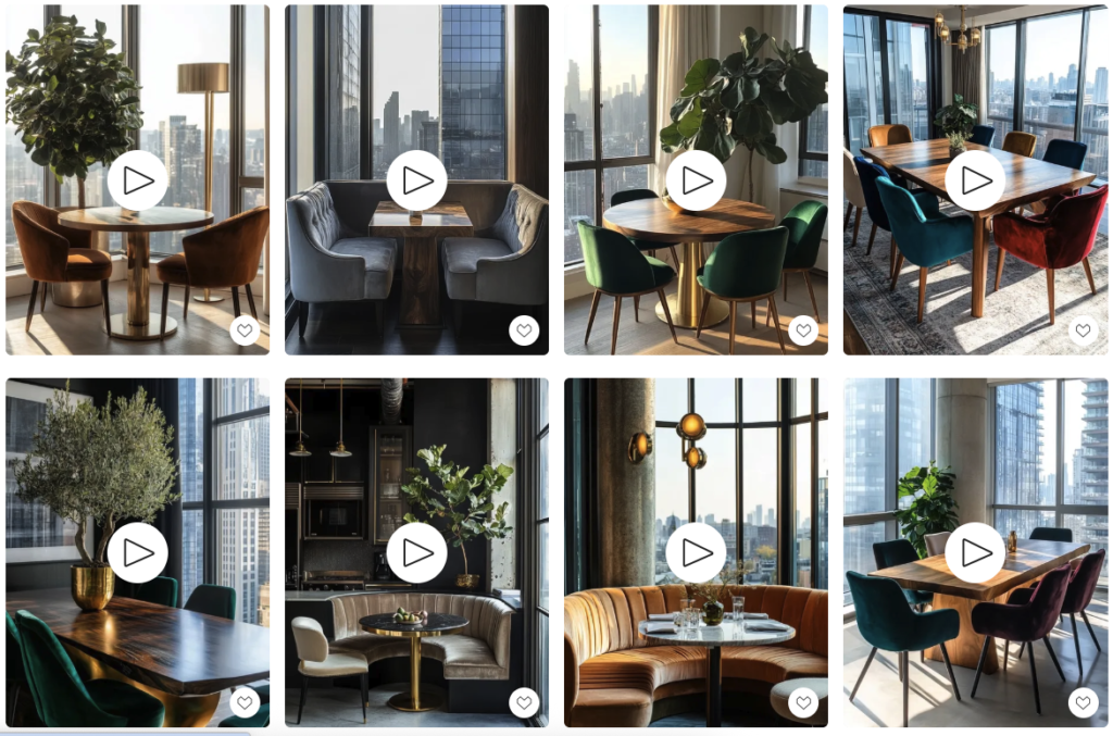 Curated dining seating ideas including velvet chairs, round tables for two, and restaurant-style booth seating in modern high-rise interiors