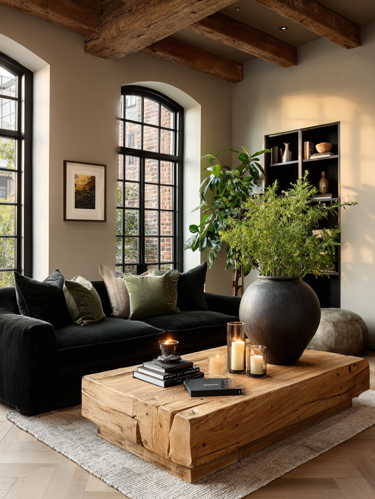 Black velvet sofa styled in a bold, moody living room with wood beams and candlelight