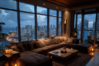 Modern luxury living room with large windows and city skyline view representing energy-based Feng Shui in modern homes.