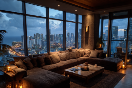 Modern luxury living room with large windows and city skyline view representing energy-based Feng Shui in modern homes.