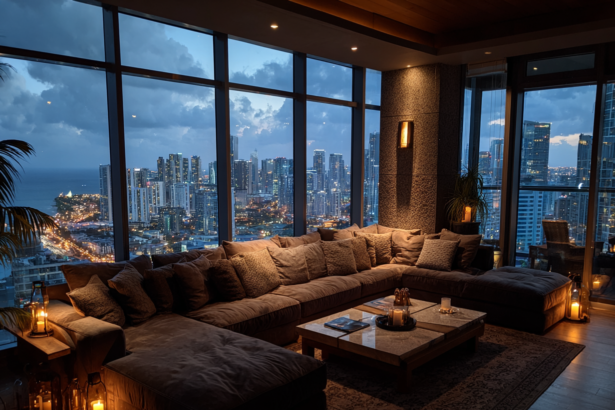 Modern luxury living room with large windows and city skyline view representing energy-based Feng Shui in modern homes.