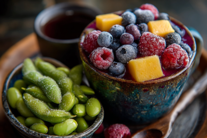 Frozen blueberries, raspberries, mango, and edamame in bowls representing high-fiber freezer staples.
