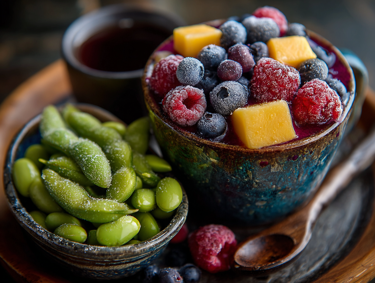 Frozen blueberries, raspberries, mango, and edamame in bowls representing high-fiber freezer staples.