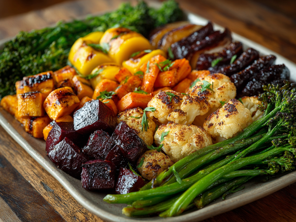 Roasted fiber-rich vegetables including broccoli, cauliflower, carrots, beets, and squash