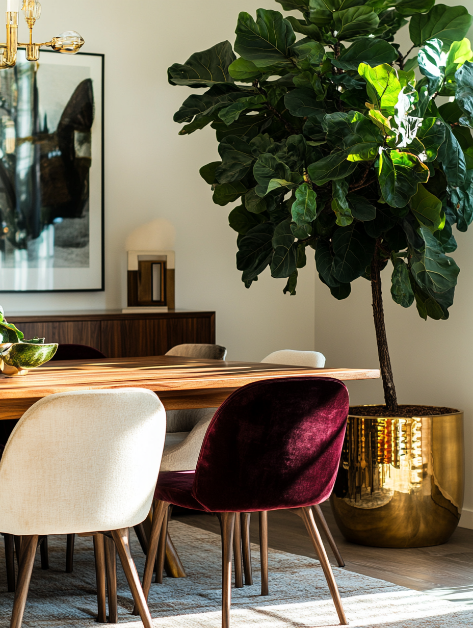 Fiddle leaf fig tree in large gold planter beside rectangular wood dining table with burgundy and ivory velvet chairs