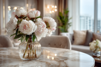 Fresh peonies in a glass vase on a marble table adding elegance and fresh energy to a living room