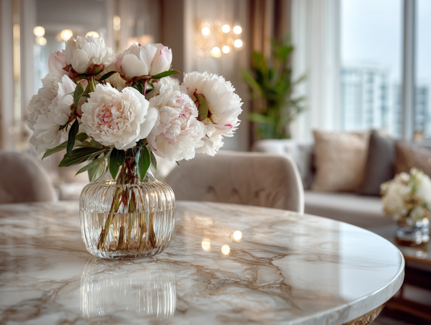 Fresh peonies in a glass vase on a marble table adding elegance and fresh energy to a living room