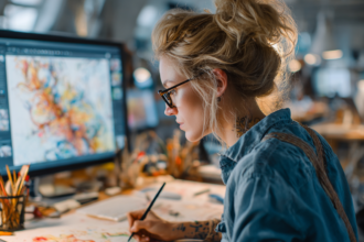 Woman focused on painting at her desk illustrating productive stress and creative concentration