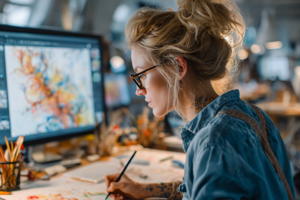 Woman focused on painting at her desk illustrating productive stress and creative concentration