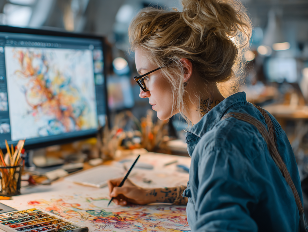 Woman focused on painting at her desk illustrating productive stress and creative concentration