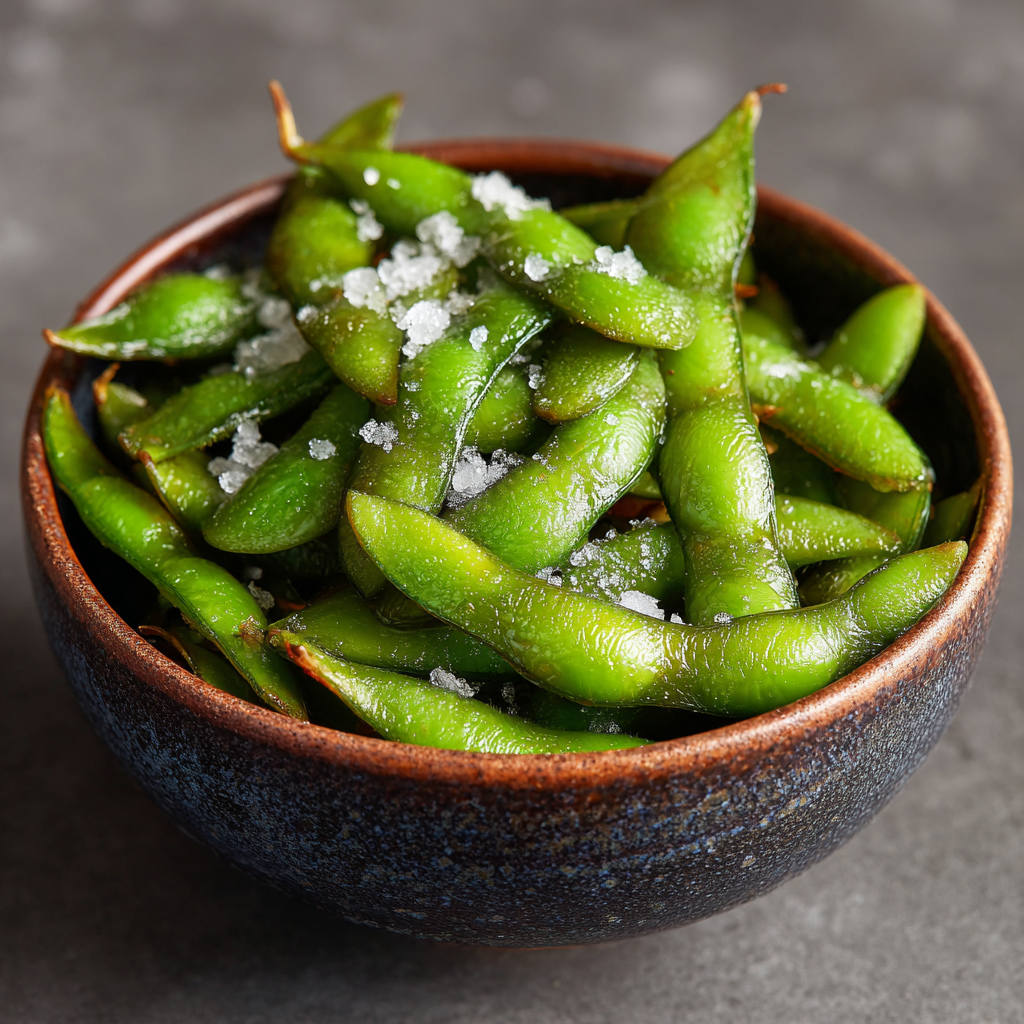 Bowl of frozen edamame with sea salt showing a simple high-fiber freezer snack.