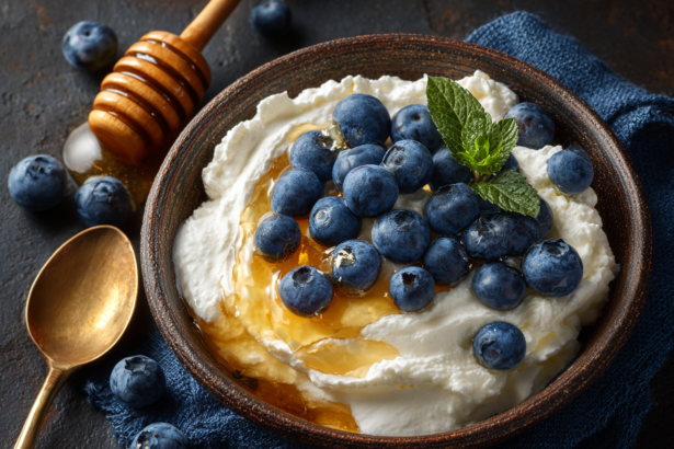 Greek yogurt topped with blueberries and raw honey in a rustic bowl