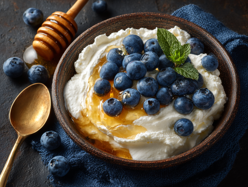 Greek yogurt topped with blueberries and raw honey in a rustic bowl