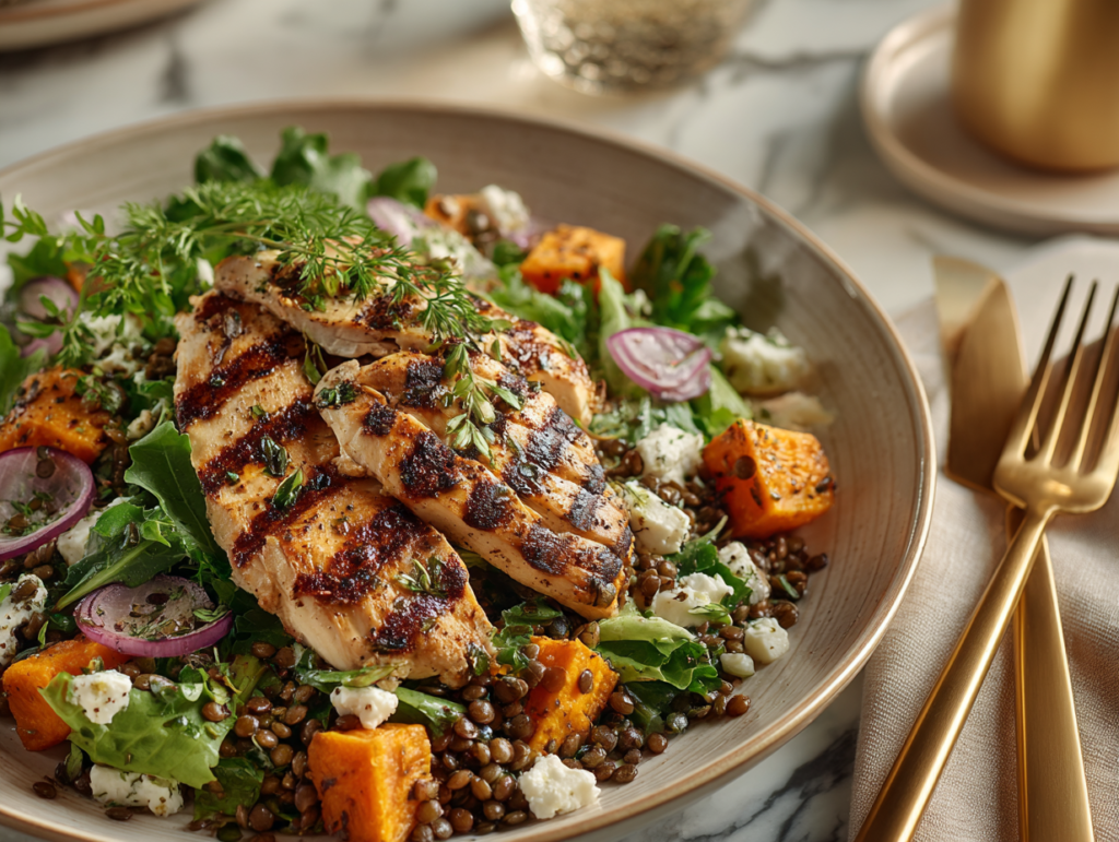 Grilled chicken with lentils, roasted sweet potatoes, and greens — high-protein, high-fiber meal