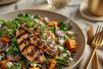 Grilled chicken with lentils, sweet potatoes, and greens — high-protein, high-fiber meal