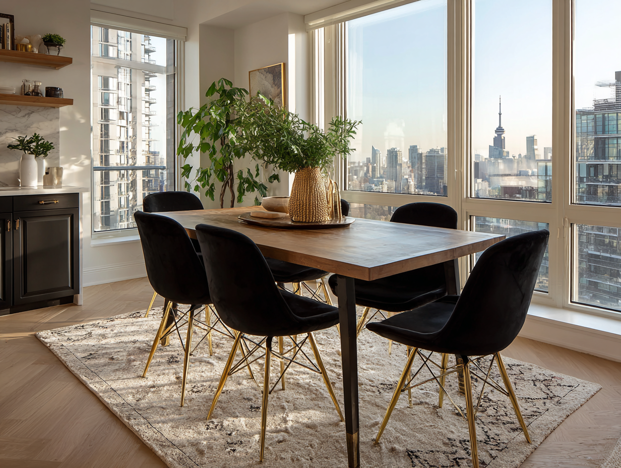 Modern high-rise condo dining room with floor-to-ceiling windows, city skyline views, and intentional lifestyle decor