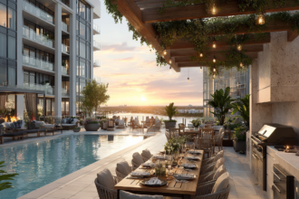 Luxury high-rise living with rooftop pool, outdoor dining, and modern lifestyle amenities in a contemporary condo building