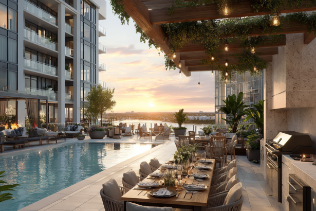 Luxury high-rise living with rooftop pool, outdoor dining, and modern lifestyle amenities in a contemporary condo building