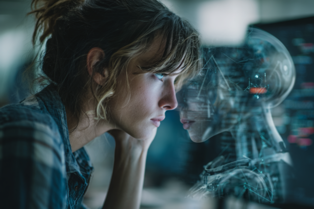 Woman thoughtfully observing a digital AI interface reflection symbolizing human collaboration with artificial intelligence