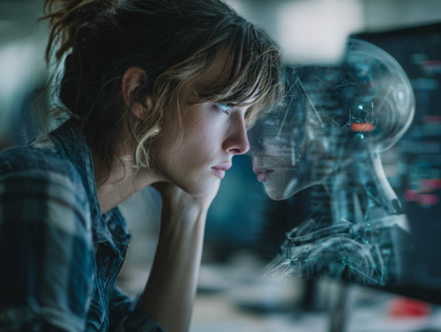 Woman thoughtfully observing a digital AI interface reflection symbolizing human collaboration with artificial intelligence