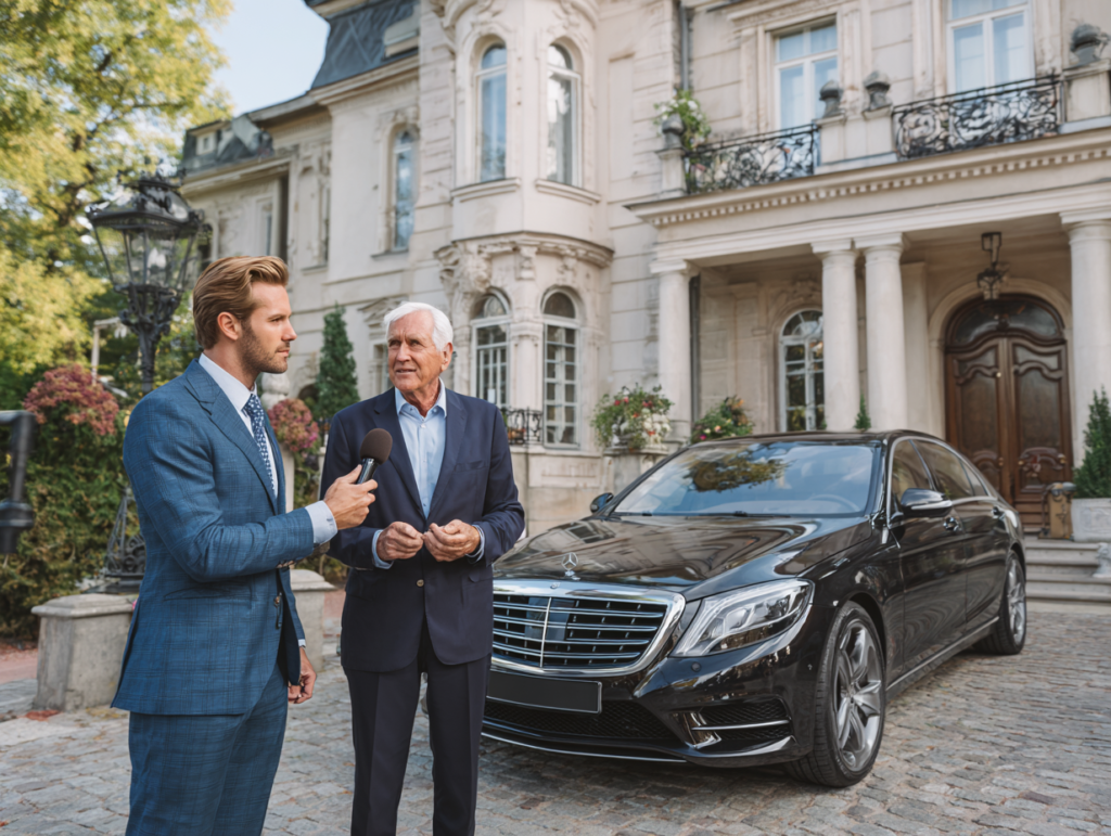 Young entrepreneur interviewing a successful businessman outside a luxury home, symbolizing lessons from high achievers about resilience and failure.
