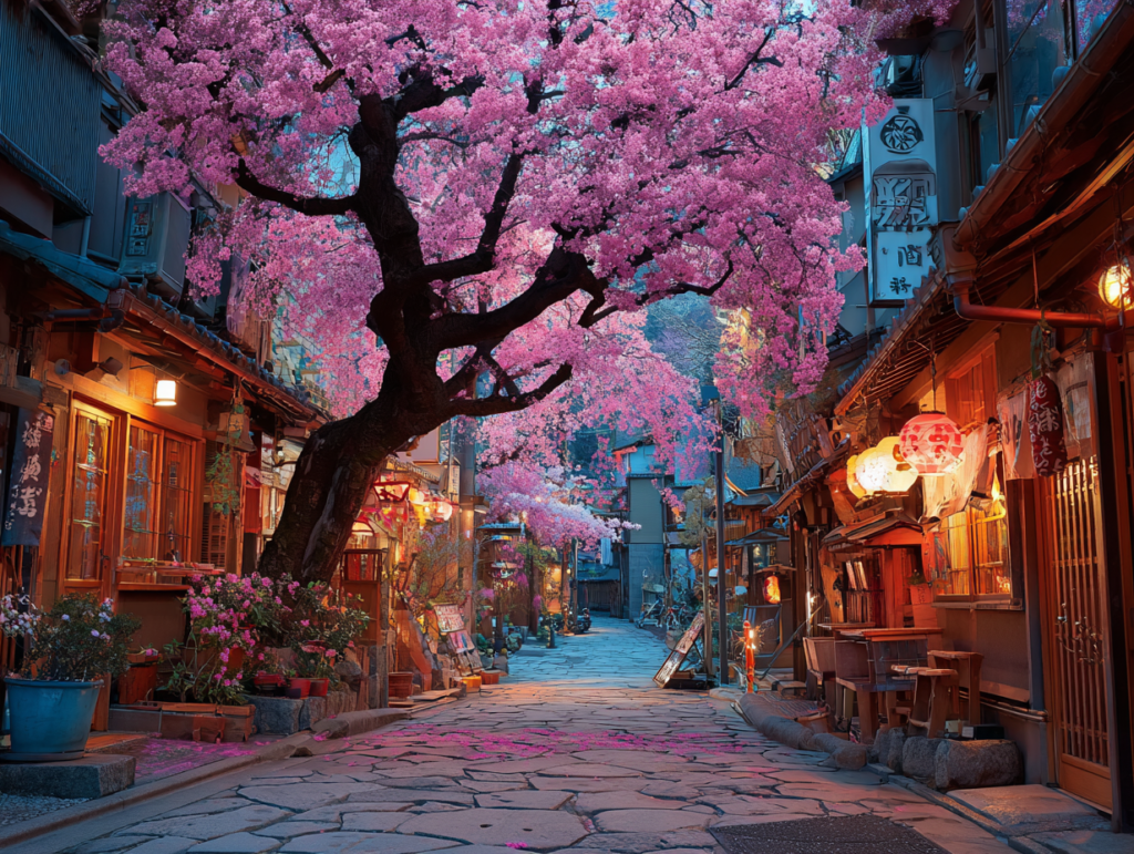 A quiet Japanese street lined with cherry blossom trees in full bloom, capturing the beauty of spring in Japan