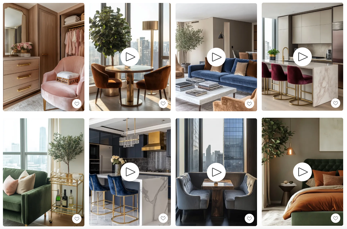 Curated velvet sofas, velvet chairs, and velvet dining chairs in elegant home interiors