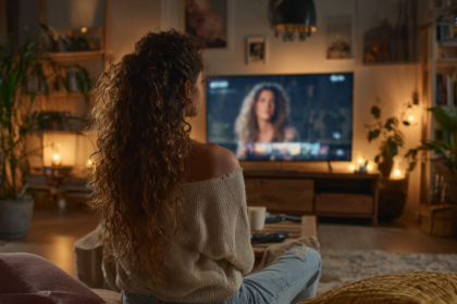 Woman watching an online MasterClass course on television in a cozy living room