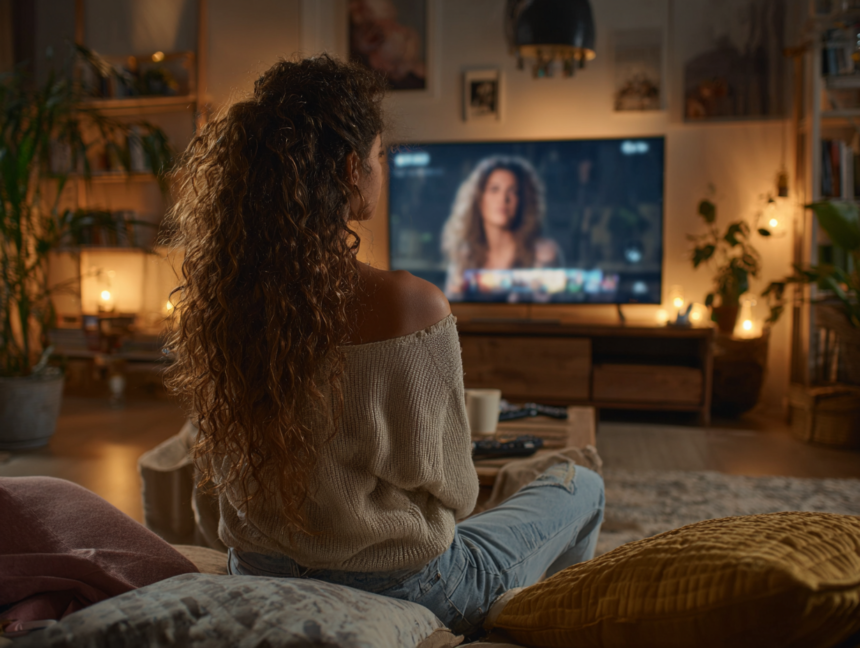 Woman watching an online MasterClass course on television in a cozy living room