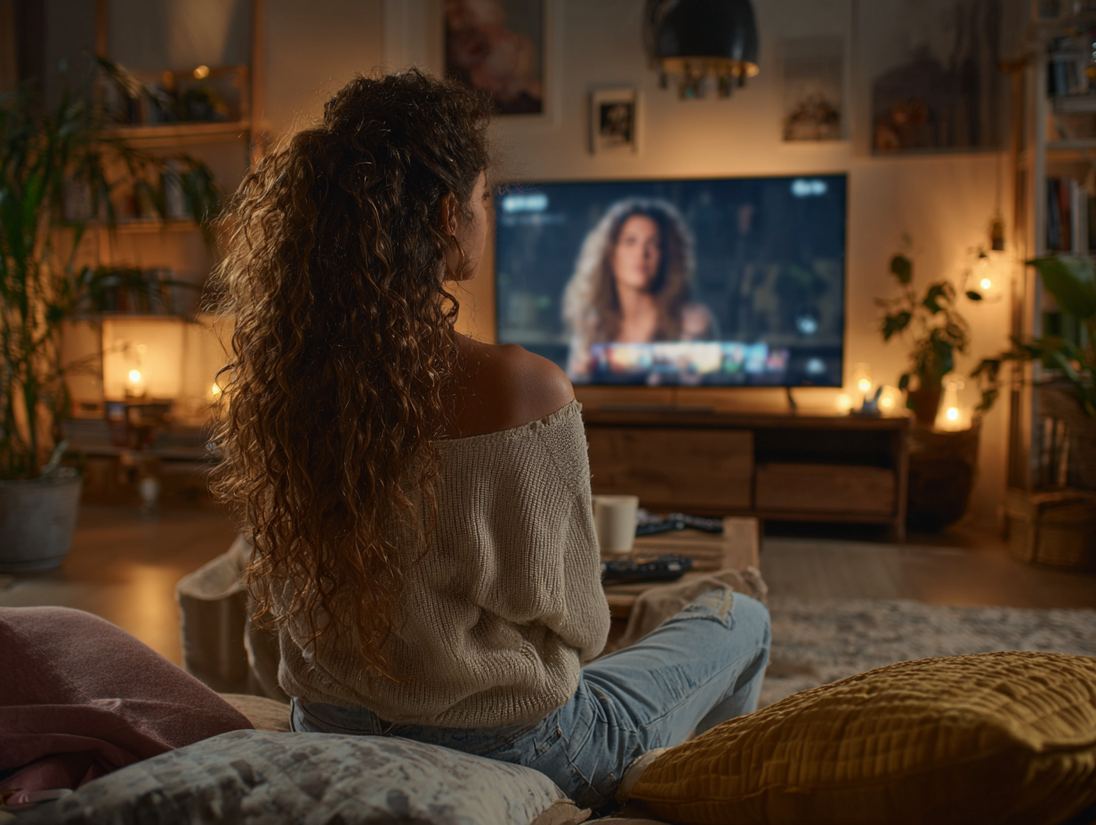 Woman watching an online MasterClass course on television in a cozy living room