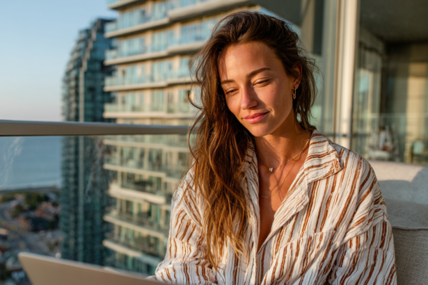 Woman learning online on a laptop at sunset balcony representing intentional digital education lifestyle