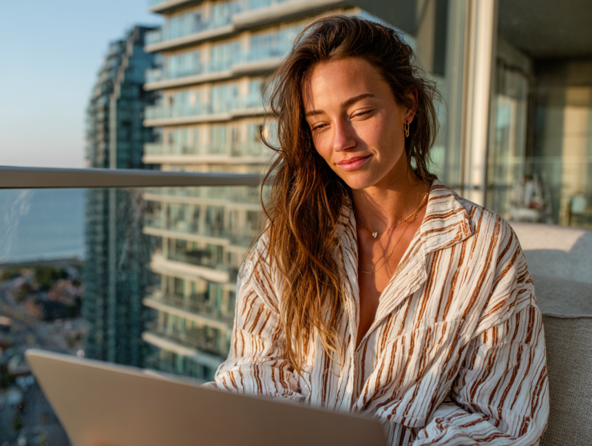 Woman learning online on a laptop at sunset balcony representing intentional digital education lifestyle