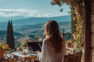 Woman working on a laptop outdoors overlooking mountains, representing time and location freedom through digital entrepreneurship.