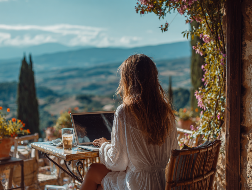 Woman working on a laptop outdoors overlooking mountains, representing time and location freedom through digital entrepreneurship.