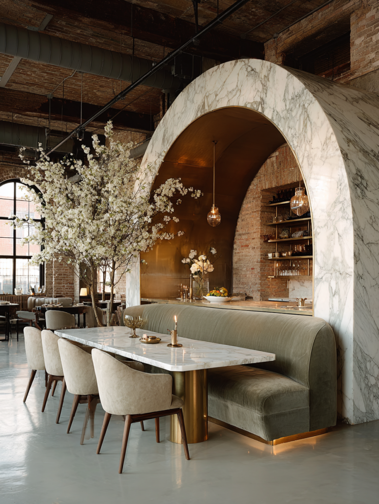 Elegant curved marble arch framing a velvet banquette with marble table and brass base in a restaurant-inspired interior
