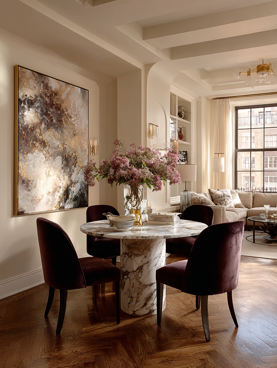 Round marble dining table with pedestal base paired with burgundy velvet chairs in elegant neutral living space