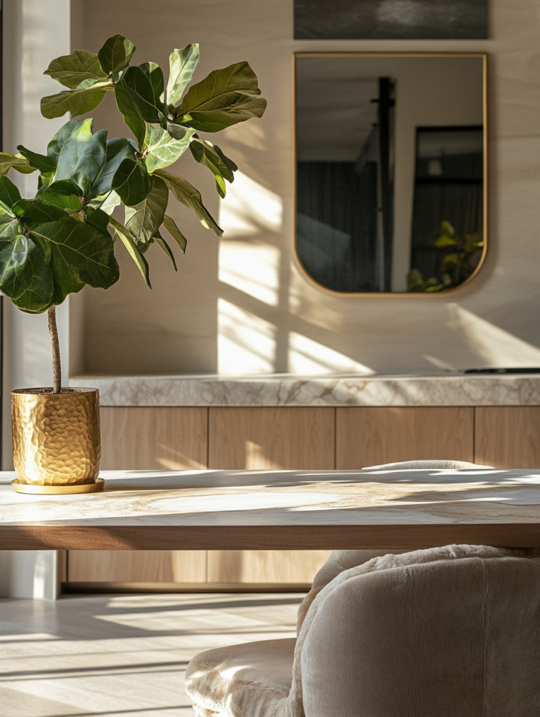 Marble dining table in bright warm climate home with natural light and indoor plants