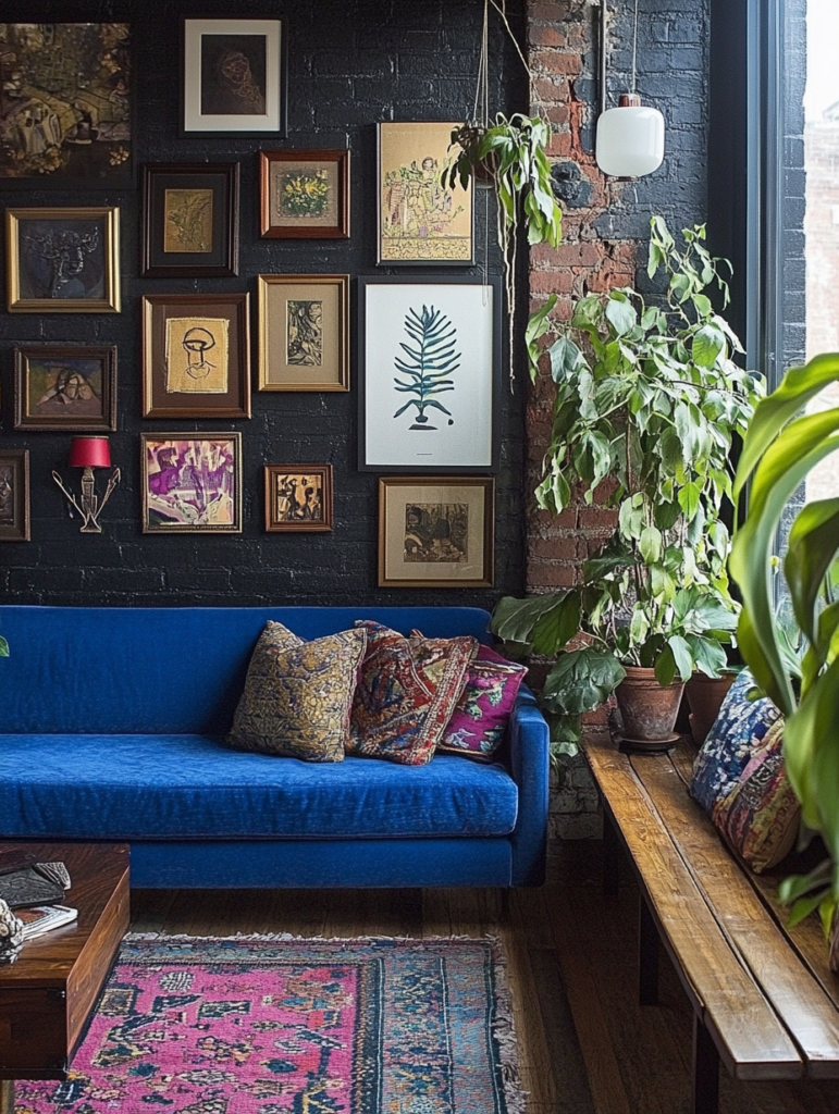 Blue velvet sofa styled in a maximalist living room with gallery wall art and layered textures