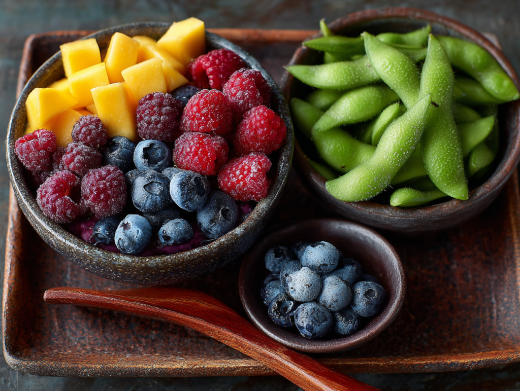 Frozen blueberries, raspberries, mango, and edamame arranged in bowls for a high-fiber smoothie routine.
