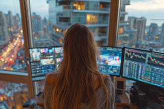 A woman analyzing stock market charts and AI-driven data while investing in the modern stock market