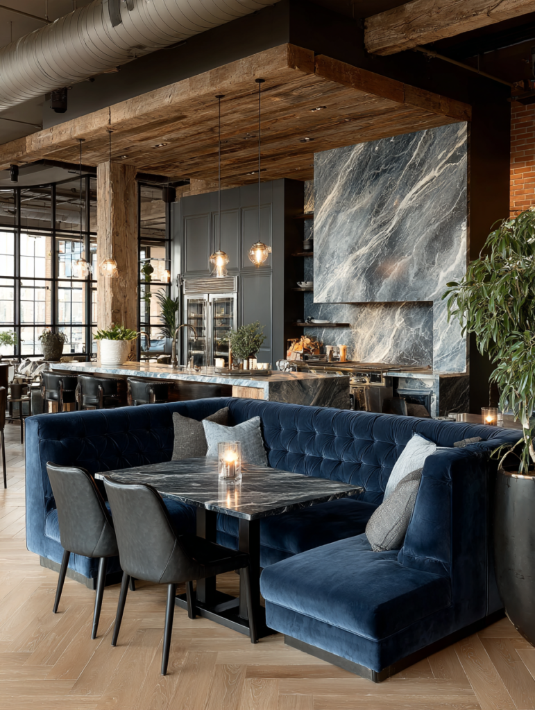 Navy velvet corner booth with marble table in a modern loft-style kitchen featuring wood beams and stone accents