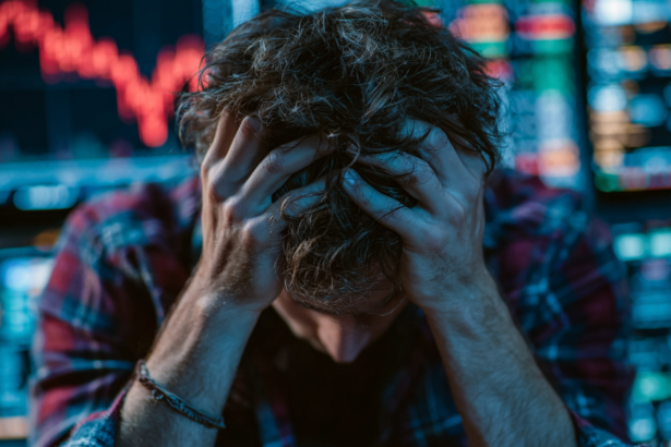 An investor overwhelmed by stock market volatility and falling charts