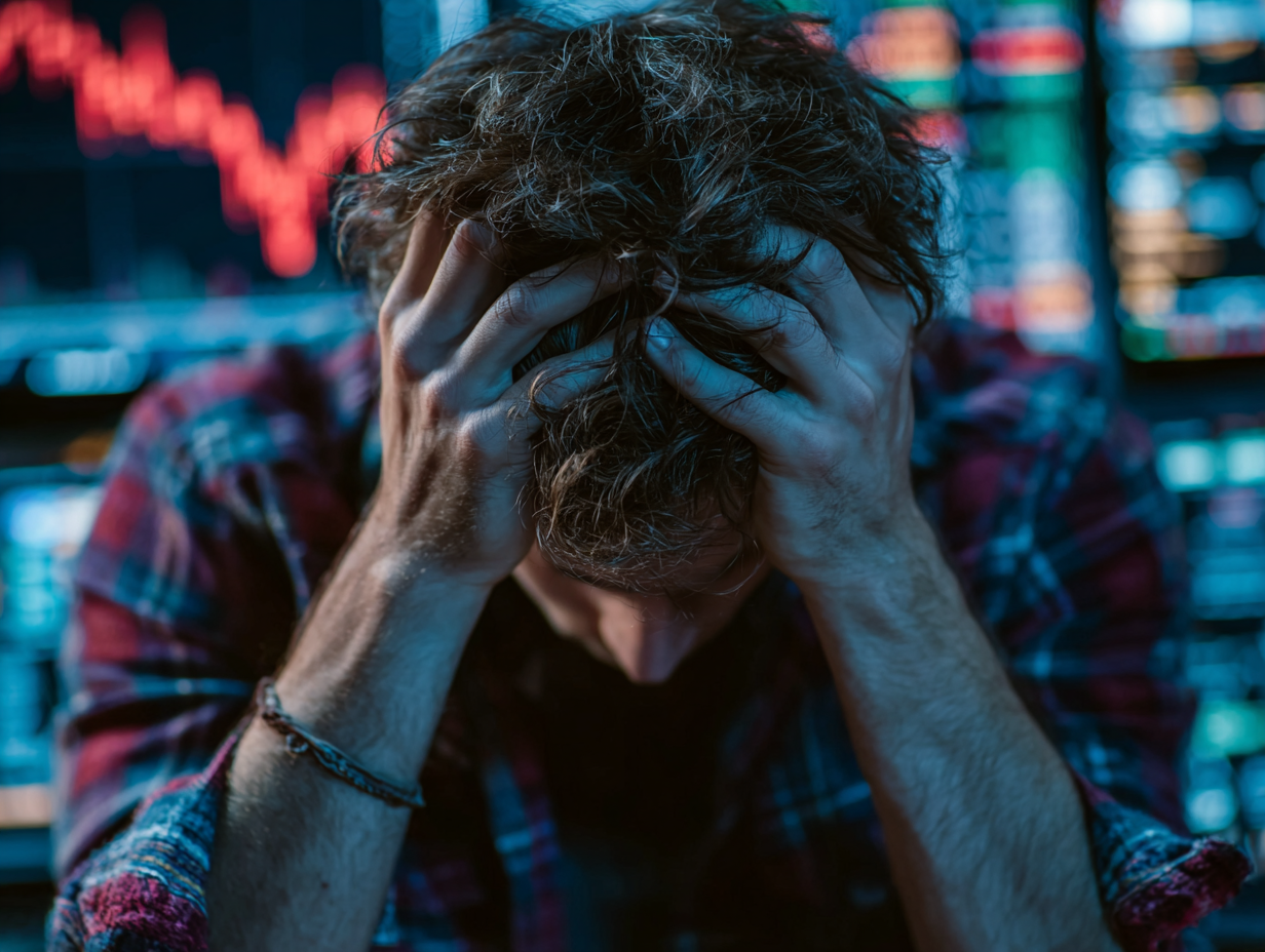 An investor overwhelmed by stock market volatility and falling charts