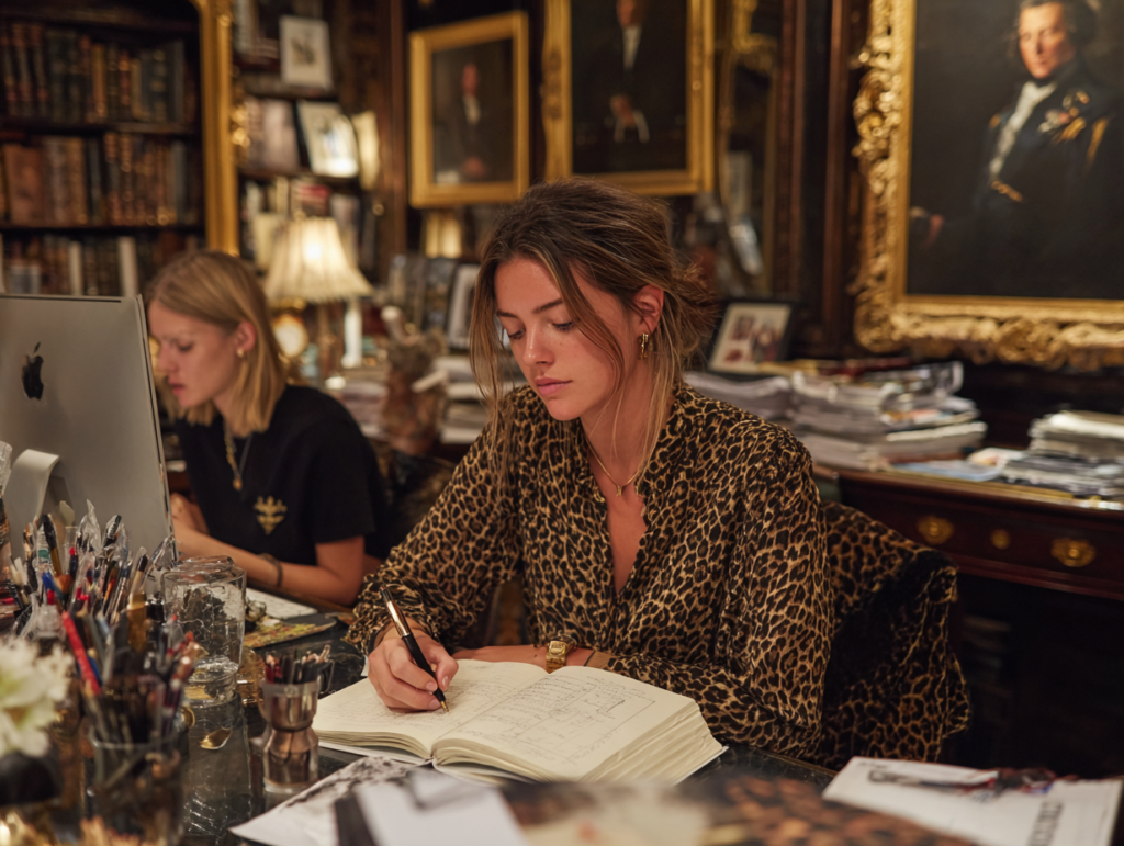 Woman writing in a notebook in a sophisticated office, representing reflection, resilience, and growth after failure.