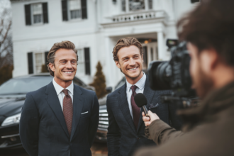 Two successful businessmen being interviewed outdoors, representing resilience, success, and growth through failure.